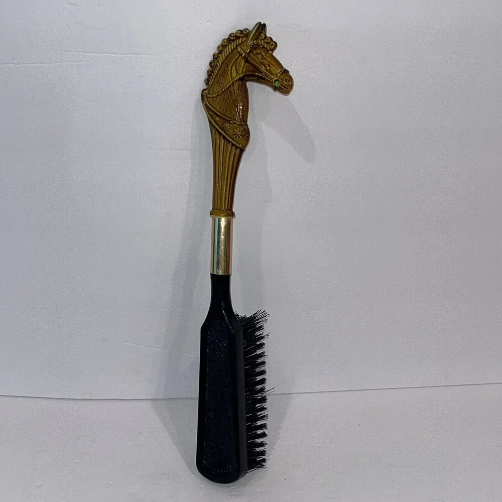 Vintage 1960s Horse‎ Head Shoe Brush Gold Art Deco Clean Polish Equestrian